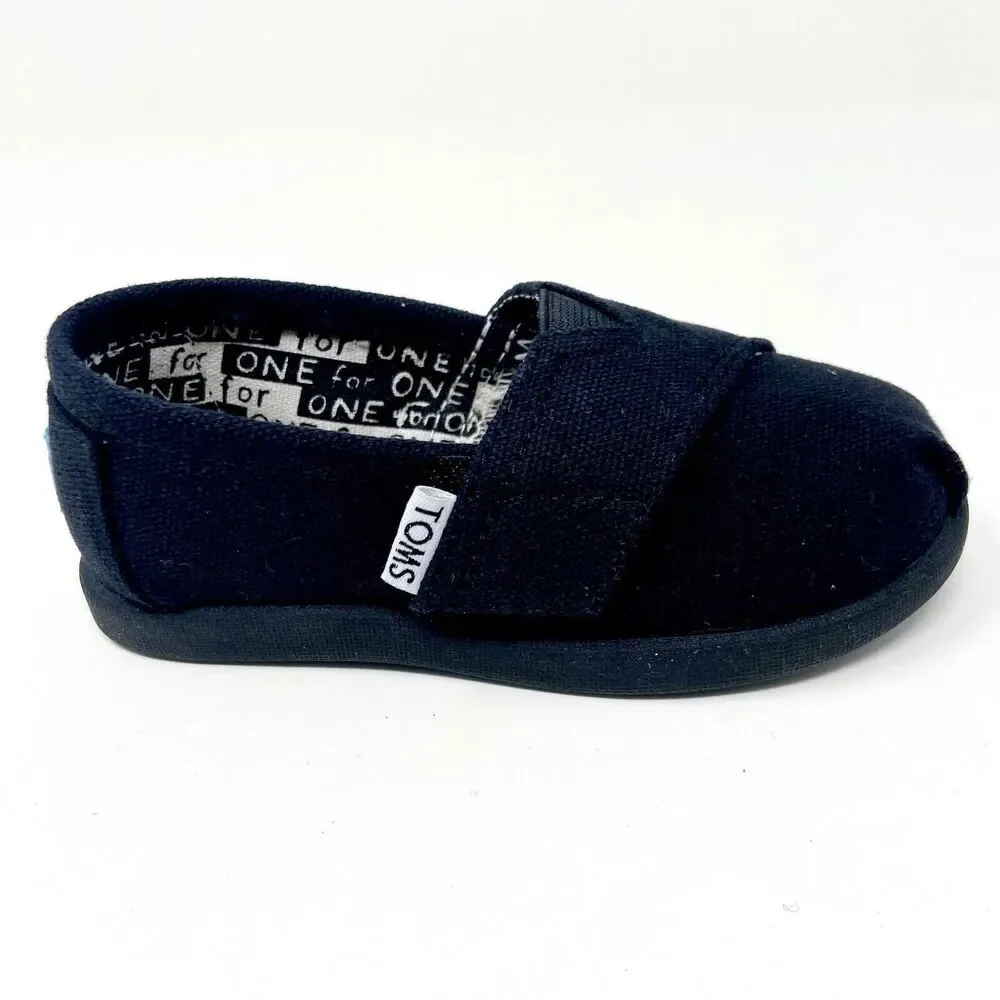 Toms Classics Black Tiny Toddler Slip On Casual Canvas Flat Shoes